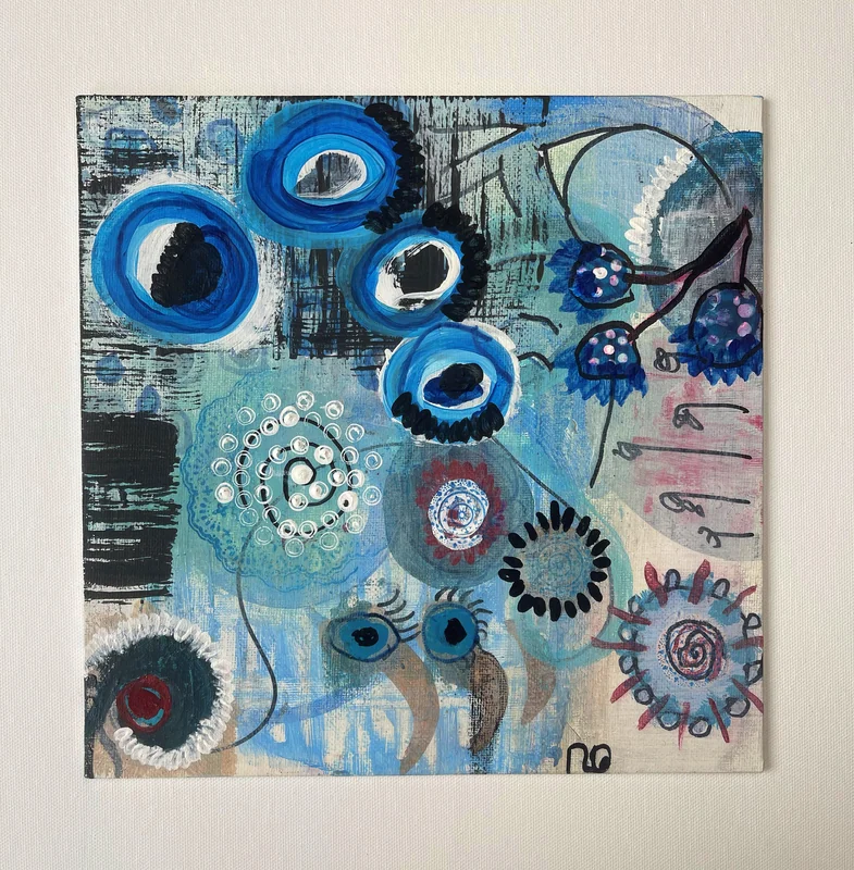 View Blue Abstract Art on Square Board Canvas - Inspired by Nazar amulet - Small Art on board canvas - Affordable Art
