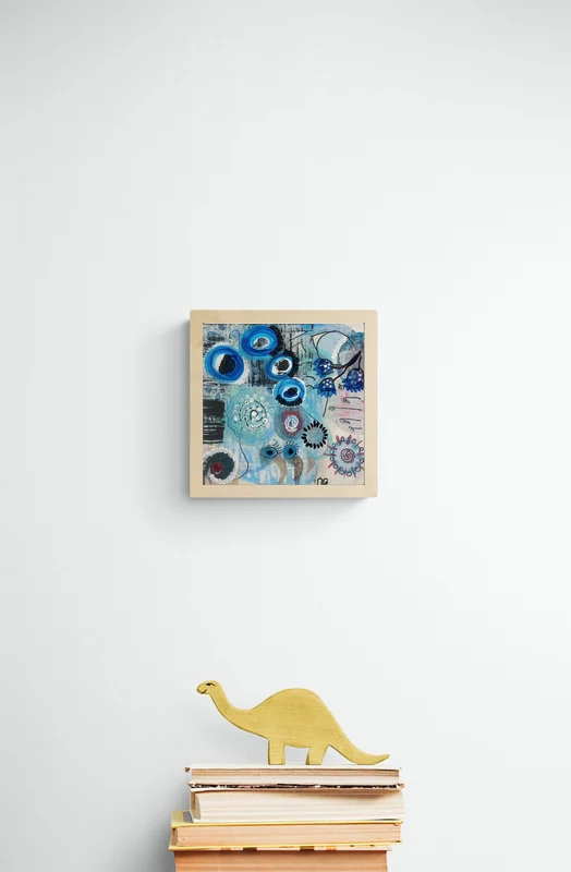 View Blue Abstract Art on Square Board Canvas - Inspired by Nazar amulet - Small Art on board canvas - Affordable Art