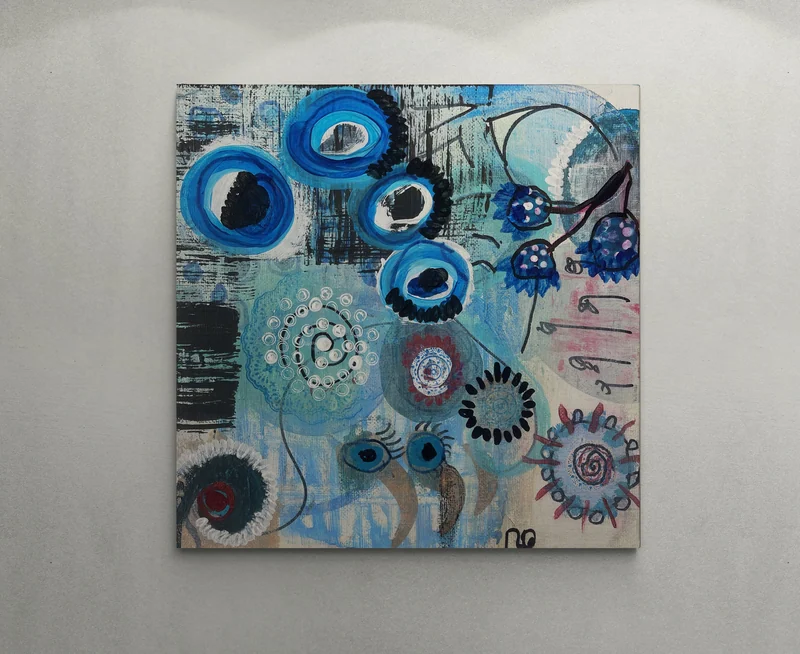View Blue Abstract Art on Square Board Canvas - Inspired by Nazar amulet - Small Art on board canvas - Affordable Art