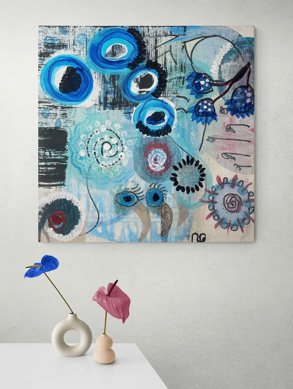 Blue Abstract Art on Square Board Canvas - Inspired by Nazar amulet - Small Art on board canvas - Affordable Art