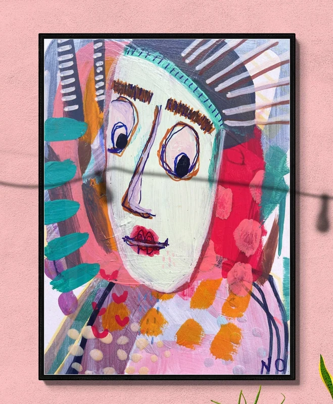 View Abstract Portrait Art, Mixed Media Art, Original Painting, Colorful Wall Art, Tribal, Small Art