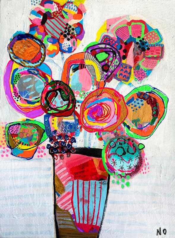 View Floral Wall Art, Original Artwork, Gallery Wall Art, Mixed Media Flower Wall Art, Original Flowers Still Life Painting, Whimsical Art