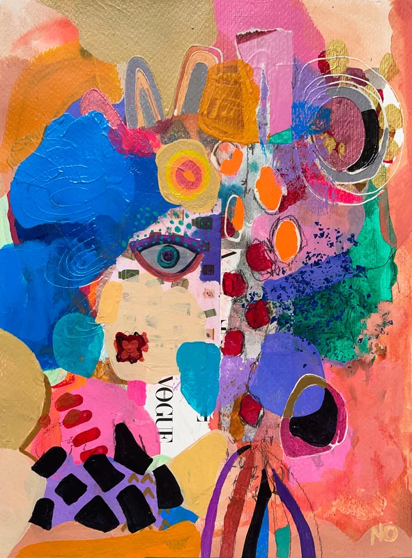 View Abstract Portrait Painting, Mixed Media Collage Art, Modern Wall Art, Whimsical Art