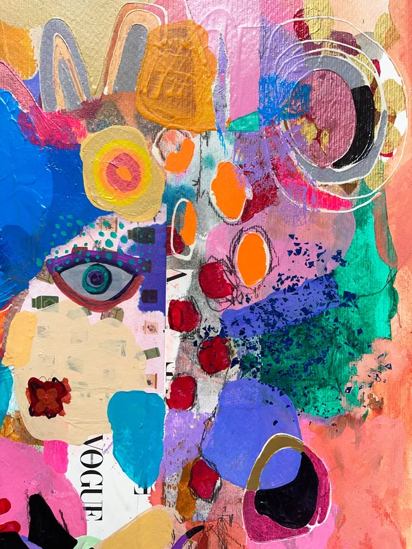 View Abstract Portrait Painting, Mixed Media Collage Art, Modern Wall Art, Whimsical Art