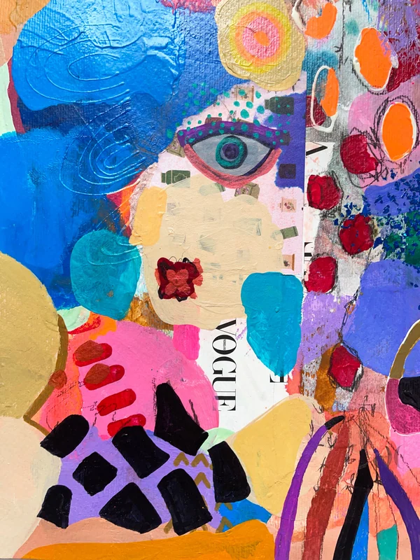 View Abstract Portrait Painting, Mixed Media Collage Art, Modern Wall Art, Whimsical Art