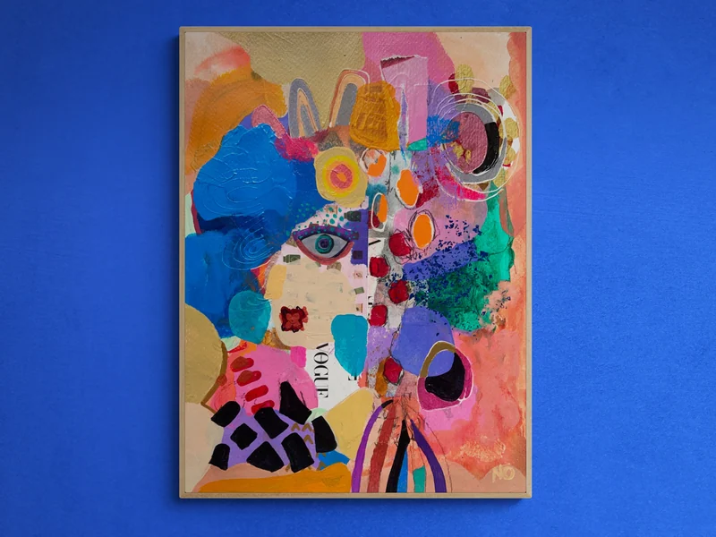Abstract Portrait Painting, Mixed Media Collage Art, Modern Wall Art, Whimsical Art