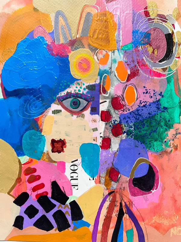 View Abstract Portrait Painting, Mixed Media Collage Art, Modern Wall Art, Whimsical Art