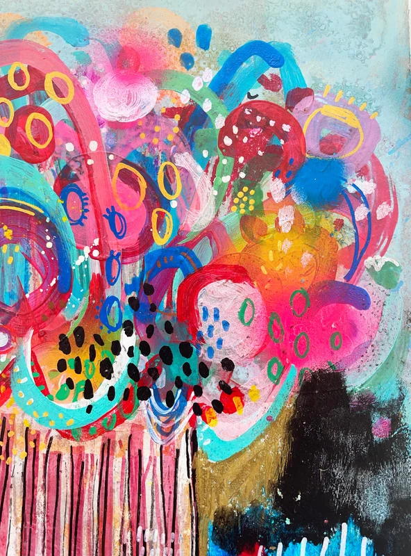 View Flowers Abstract, Stillife Painting, Colorful Wall Art on Paper, Mixed Media Abstract Wall Art, Expressionist Painting
