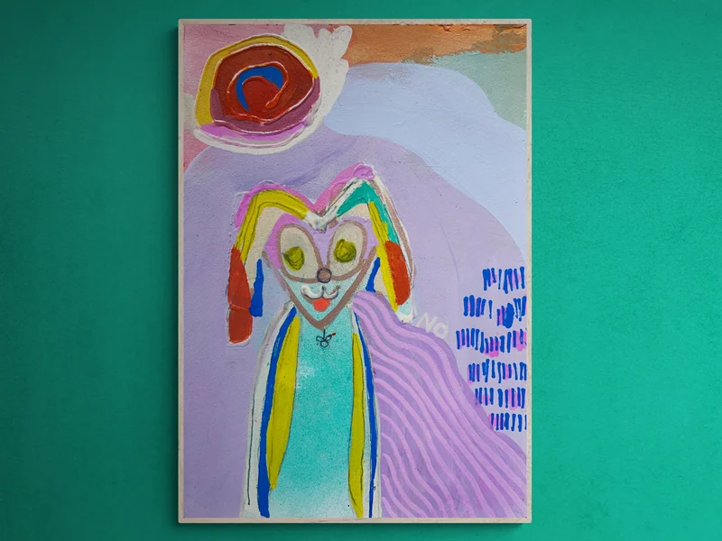 View Abstract Portrait Art, Mixed Media Art, Whimsical Art,  Colorful Wall Art, Animal Abstract, Colorful Wall Art, Monty the Superhero Bunny