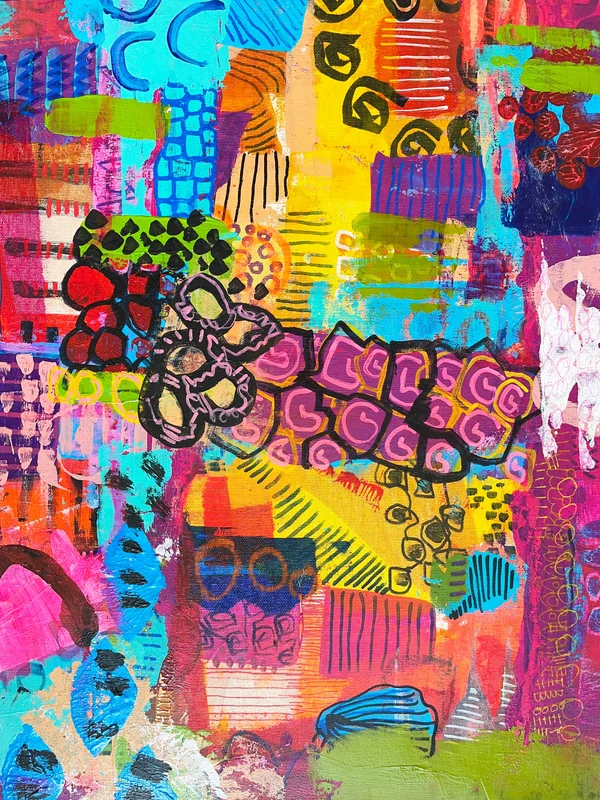 View Modern Sprookje, Mixed Media Abstract on Wood, Vibrant Color Wall Art, Whimsical Abstraction, Original Painting,  Doodling Art