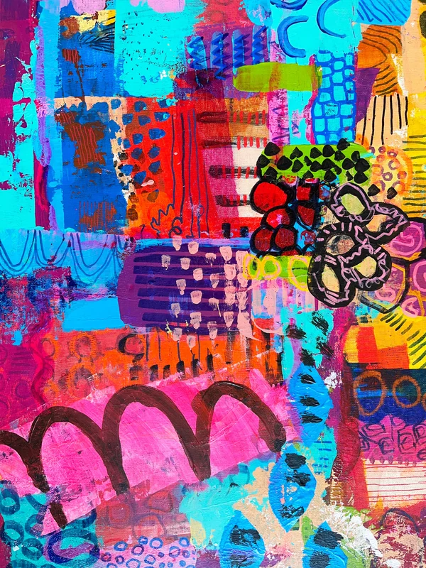 View Modern Sprookje, Mixed Media Abstract on Wood, Vibrant Color Wall Art, Whimsical Abstraction, Original Painting,  Doodling Art