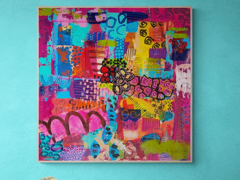 Modern Sprookje, Mixed Media Abstract on Wood, Vibrant Color Wall Art, Whimsical Abstraction, Original Painting,  Doodling Art