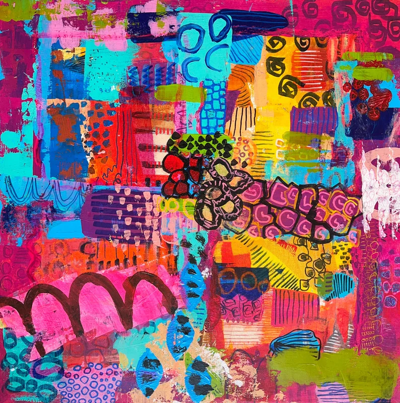 View Modern Sprookje, Mixed Media Abstract on Wood, Vibrant Color Wall Art, Whimsical Abstraction, Original Painting,  Doodling Art