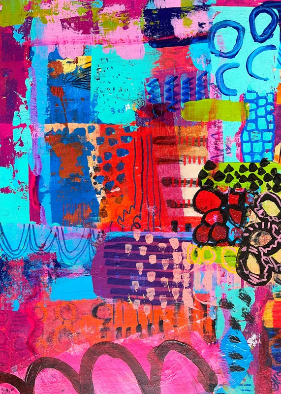 View Modern Sprookje, Mixed Media Abstract on Wood, Vibrant Color Wall Art, Whimsical Abstraction, Original Painting,  Doodling Art