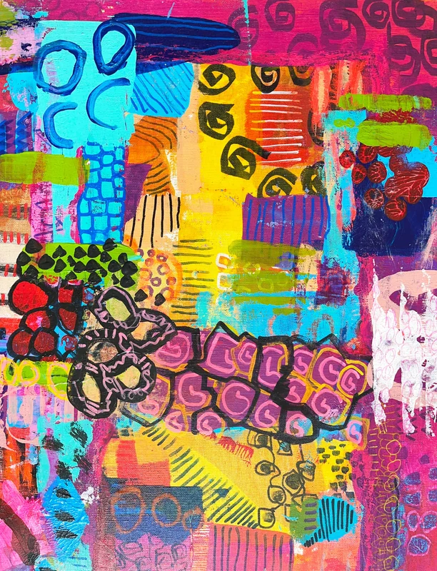 View Modern Sprookje, Mixed Media Abstract on Wood, Vibrant Color Wall Art, Whimsical Abstraction, Original Painting,  Doodling Art