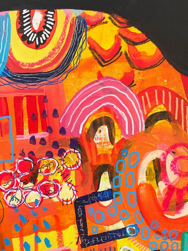 View Modern Abstract, Mixed Media Abstract on Wood, Vibrant Color Wall Art, Whimsical Abstraction, Original Painting, Doodling Art