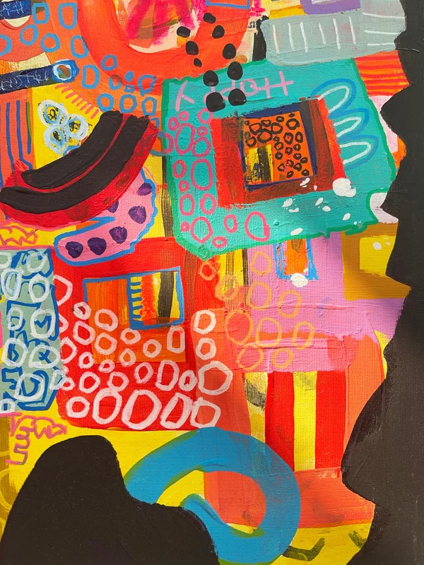 View Modern Abstract, Mixed Media Abstract on Wood, Vibrant Color Wall Art, Whimsical Abstraction, Original Painting, Doodling Art