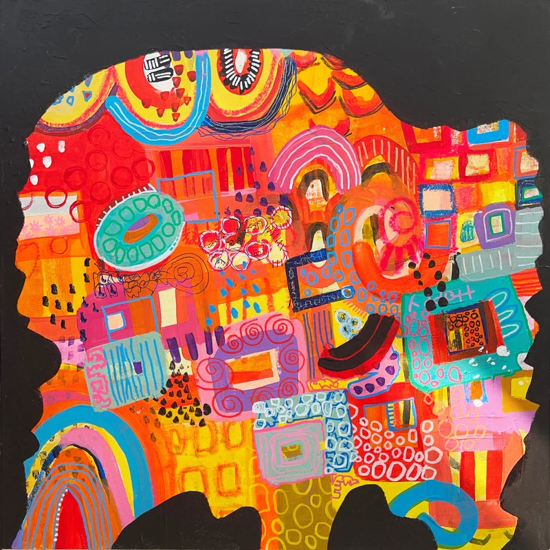 View Modern Abstract, Mixed Media Abstract on Wood, Vibrant Color Wall Art, Whimsical Abstraction, Original Painting, Doodling Art