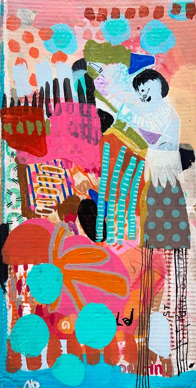 View Mixed Media Abstract Collage Artwork on Upcycled Cardboard, Intuitive, Colorful, Modern, Contemporary Wall Art, Painting, Junk Journal