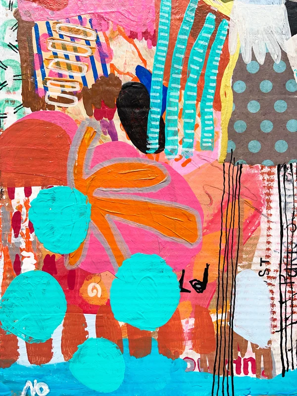 View Mixed Media Abstract Collage Artwork on Upcycled Cardboard, Intuitive, Colorful, Modern, Contemporary Wall Art, Painting, Junk Journal