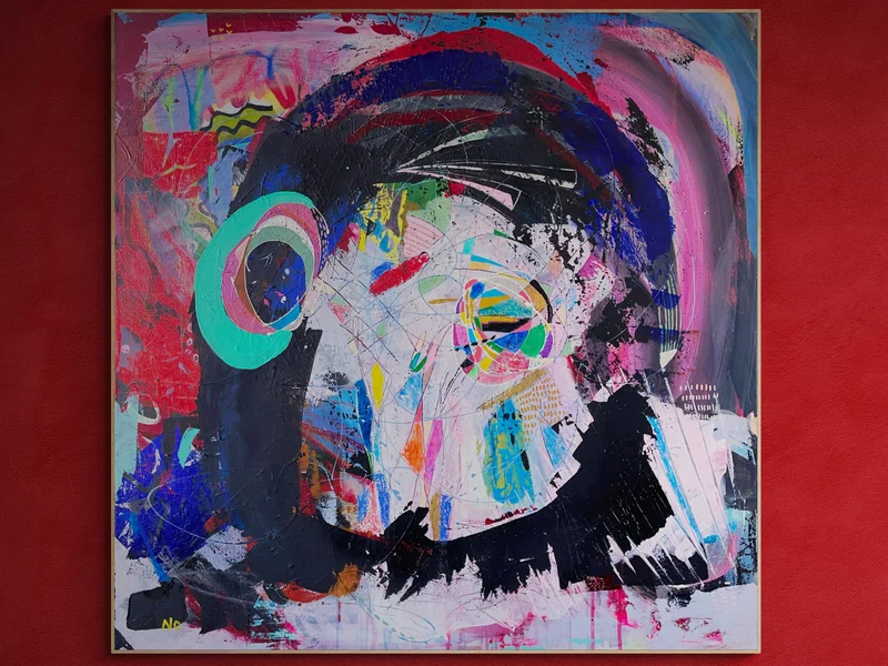 View Original Abstract Portrait Painting on Canvas, Colorful Mixed Media Collage Wall Art, Contemporary Wall Art, Expressionist Painting