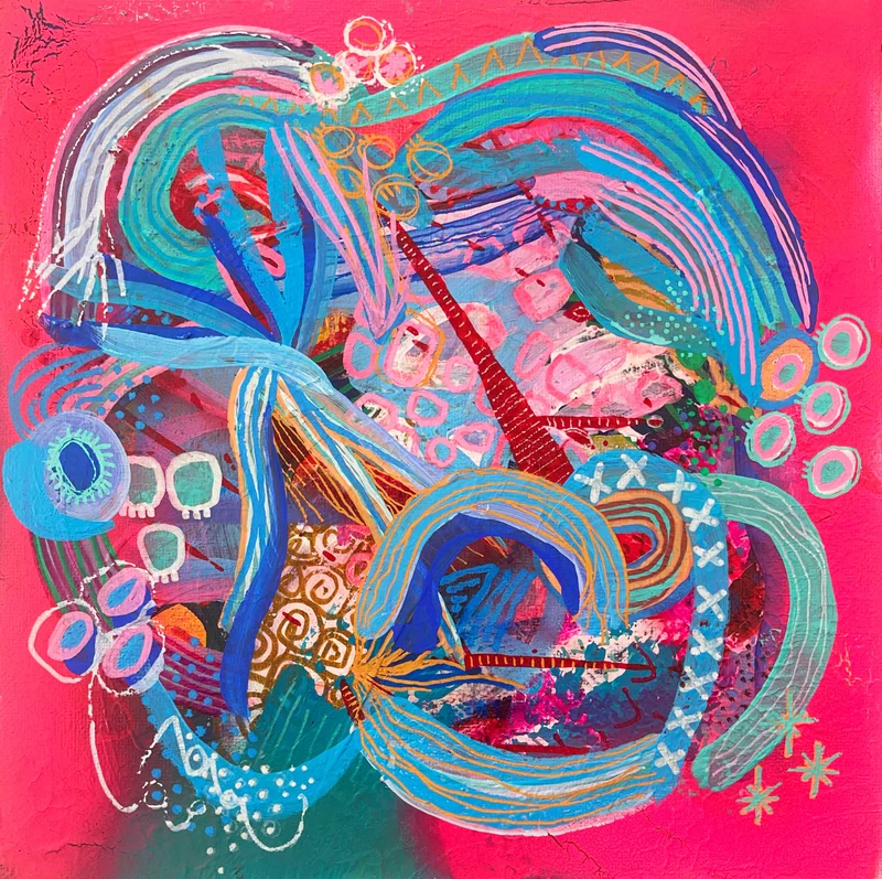 View Textured Mixed Media Abstract Wall Art, Intuitive Art, Colorful Abstract Painting, Original Modern Art, Neon Pink Wall Art, Imaginary Amulet