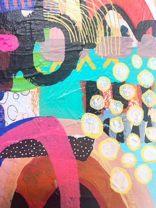 View Mixed Media Collage, Original Colorful Abstract Wall Art on Flea Market Rescue Small Canvas, Abstract Expressionism, Contemporary Painting