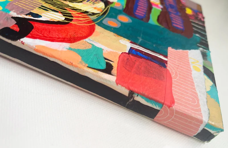 View Mixed Media Collage, Original Colorful Abstract Wall Art on Flea Market Rescue Small Canvas, Abstract Expressionism, Contemporary Painting