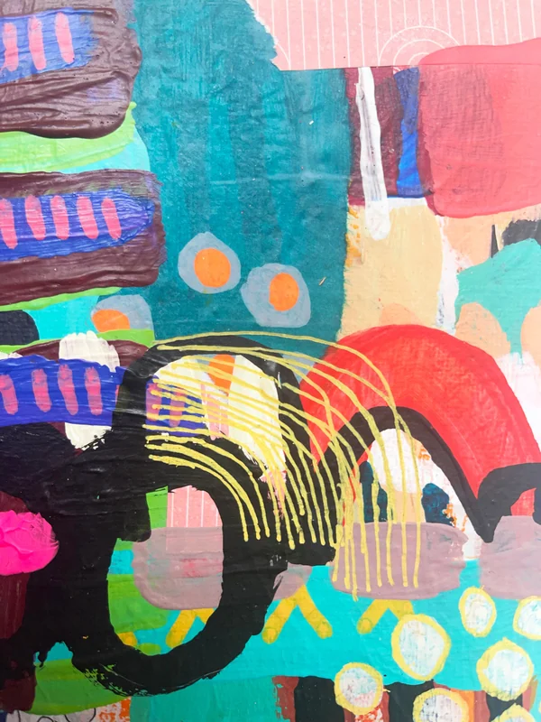 View Mixed Media Collage, Original Colorful Abstract Wall Art on Flea Market Rescue Small Canvas, Abstract Expressionism, Contemporary Painting