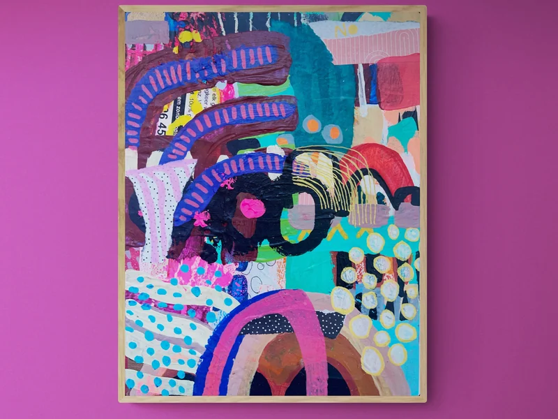 Mixed Media Collage, Original Colorful Abstract Wall Art on Flea Market Rescue Small Canvas, Abstract Expressionism, Contemporary Painting