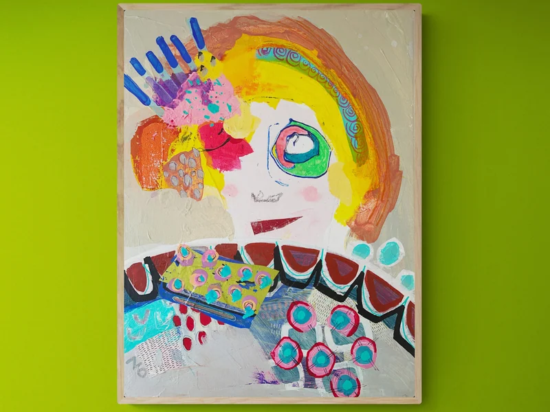 Abstract Portrait Painting, Mixed Media Collage Art, Modern Wall Art, Naive Art, Brut Art,