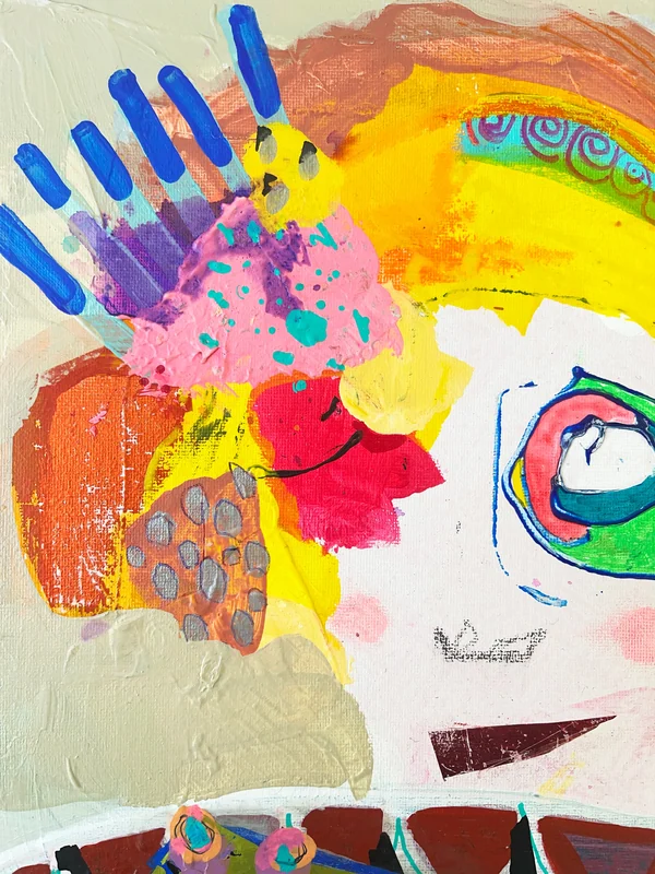 View Abstract Portrait Painting, Mixed Media Collage Art, Modern Wall Art, Naive Art, Brut Art,