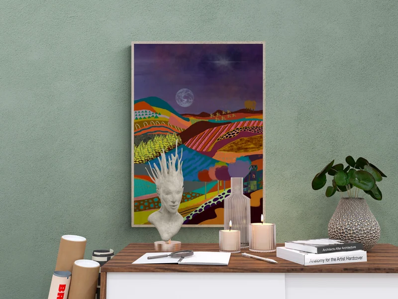 View Colorful Abstract Landscape Wall Art, Digital Artwork Quality Print, Modern Painting, Mixed Media Style Wall Art, Procreate Art, Digital