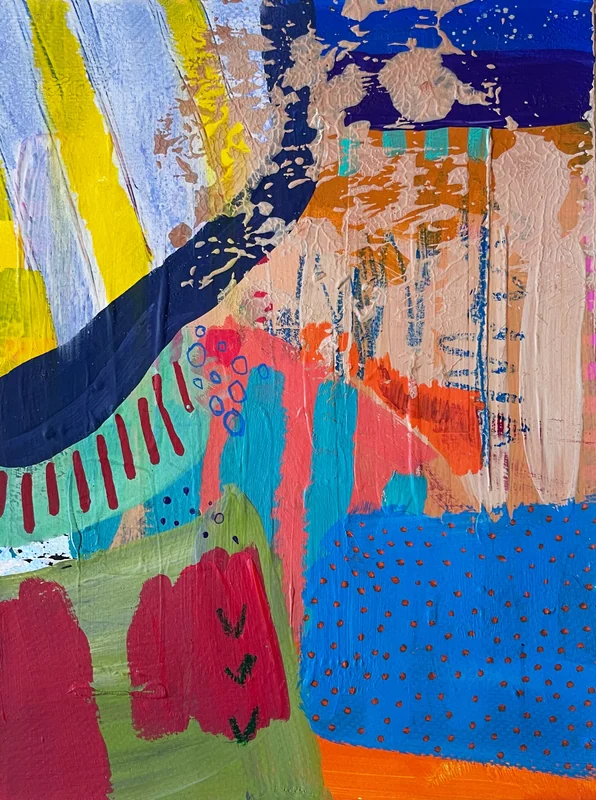 View Tiny Mixed Media Collage Art on Paper, Colorful Abstract Painting, Whimsical Wall Art, Original Intuitive Art