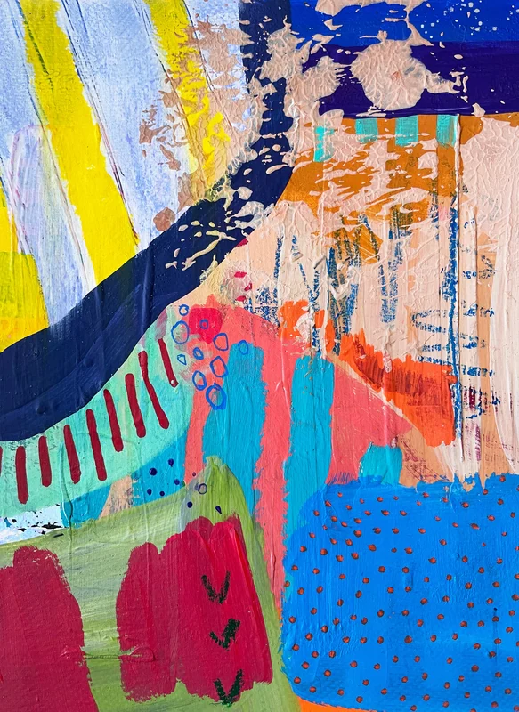 View Tiny Mixed Media Collage Art on Paper, Colorful Abstract Painting, Whimsical Wall Art, Original Intuitive Art