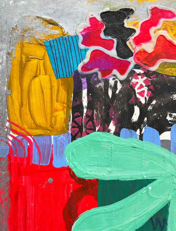 View Quirky Mixed Media Collage Art on Paper, Abstract Painting, Colorful Wall Art, Original Intuitive Art