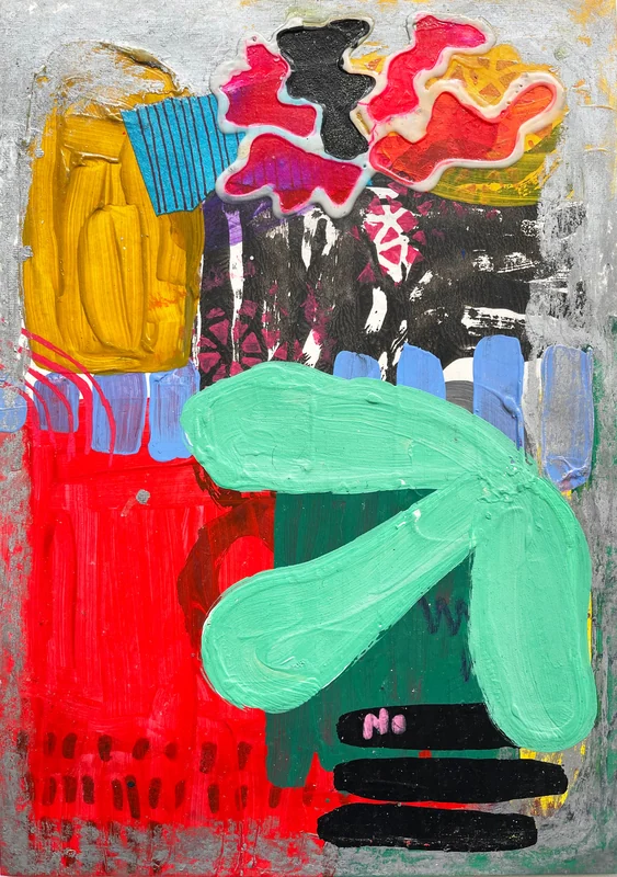 View Quirky Mixed Media Collage Art on Paper, Abstract Painting, Colorful Wall Art, Original Intuitive Art