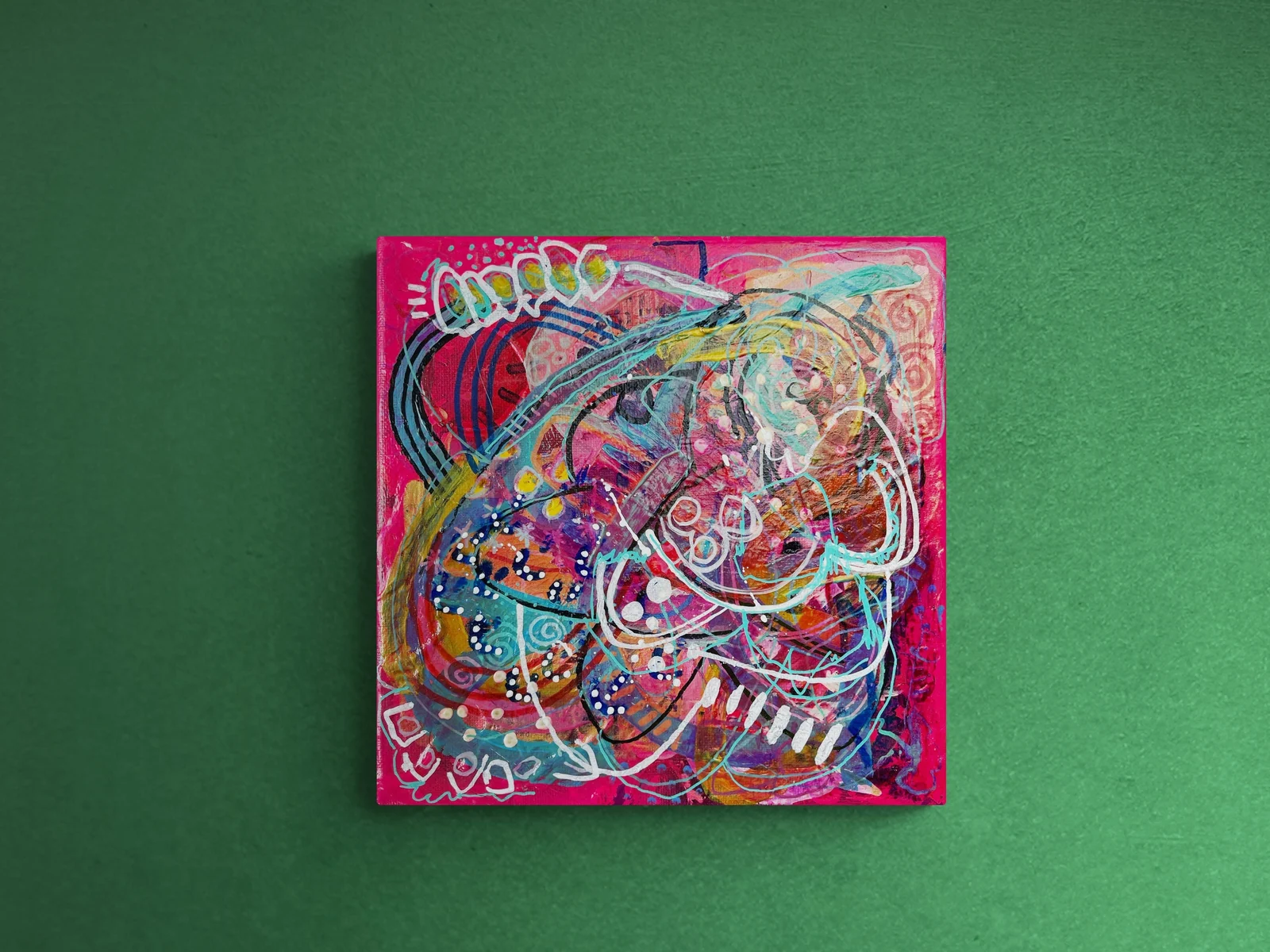 Original Painting on Canvas Abstract Painting - Neon Pink and Scribble-Small Art