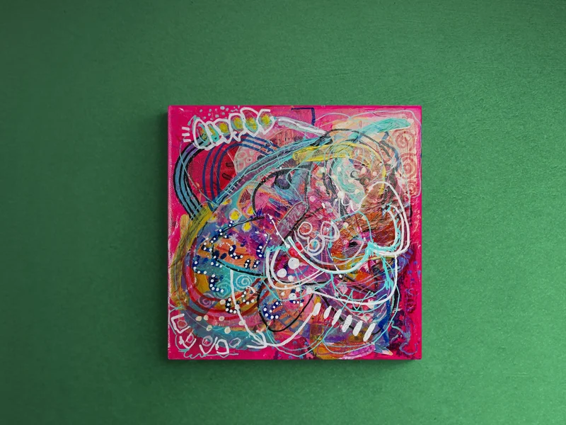 Original Painting on Canvas Abstract Painting - Neon Pink and Scribble-Small Art