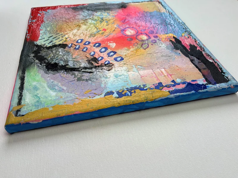 View Textured Mixed Media Artwork on Canvas - Colorful Abstract Painting on Canvas - Texture Art on Square Canvas - Mixed Media Collage