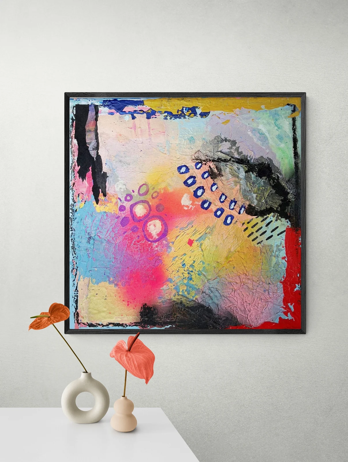 Textured Mixed Media Artwork on Canvas - Colorful Abstract Painting on Canvas - Texture Art on Square Canvas - Mixed Media Collage